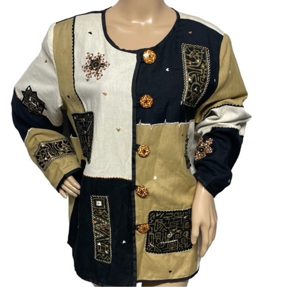 VTG Indigo Moon Art to Wear Tan Black L Boho Embroidered Hippie Artsy Jacket EUC